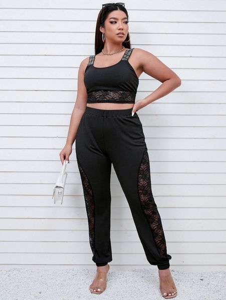 

plus letter tape contrast lace cami & pants r5tf#, Black