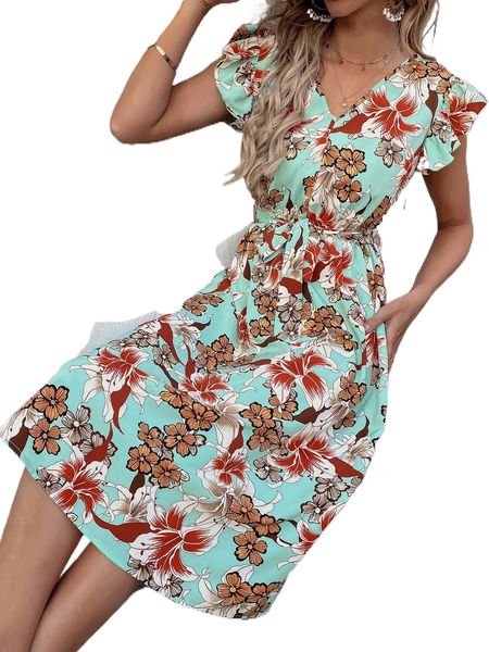 

floral print butterfly sleeve belted dress o9vu#, Black;gray