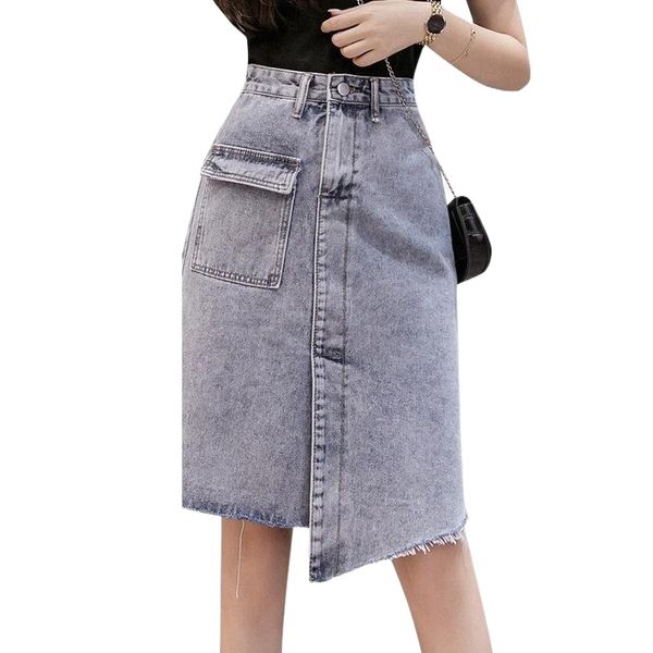 

skirts promotion 2022 summer skirt female korean high waist denim irregular mid-length women 437q#, Black