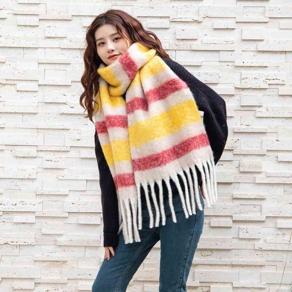 

ac new rainbow scarf women's autumn and winter stripe cashmere plaid tassel woven shawl xwl, Blue;gray
