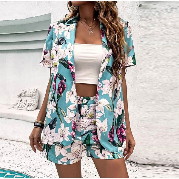 

women's tracksuits summer print two piece sets womens outifits casual short sleeve women shorts turndowan collar holiday female suits, Gray