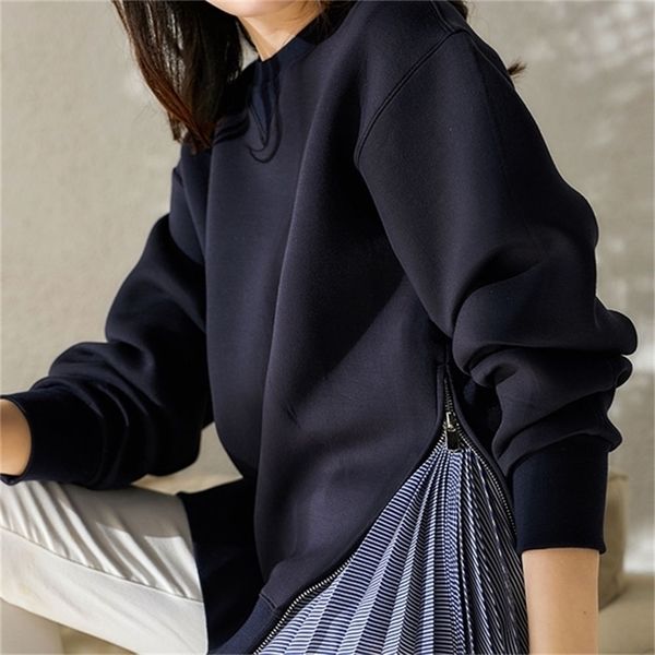

fall/winter ladies hoodies fashion loose hem stripe stitching zipper decor long sleeve round neck pullover women 201208, Black