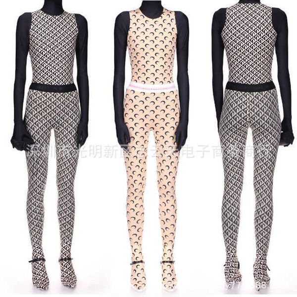 

marine crescent print serre21 spring and summer new color contrast moon elastic tight elastic high waist leggings, Gray;blue