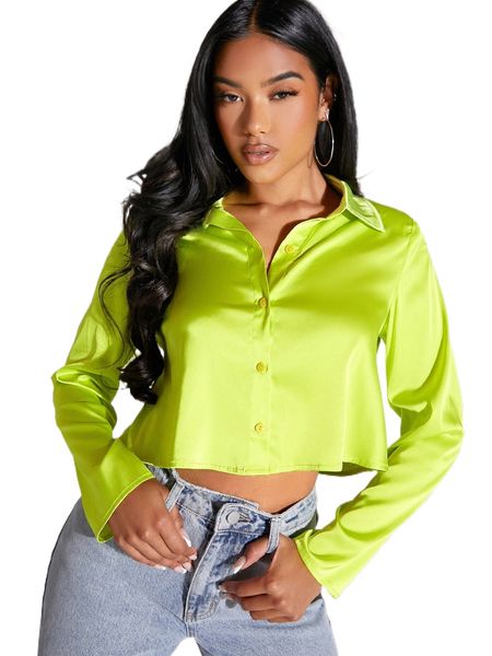 

bae button front crop satin shirt 54sb#, White