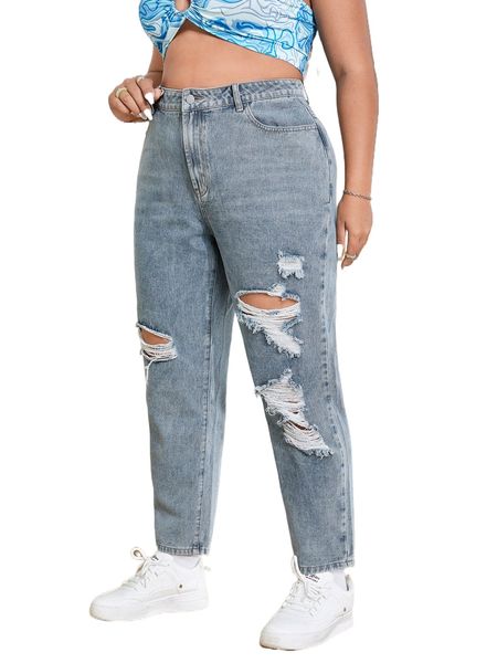 

plus high waist ripped frayed mom fit jeans r25r#, Blue
