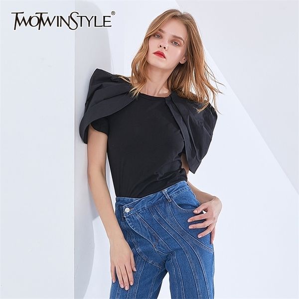 

twotwinstyle black chic t shirt for women o neck puff short sleeve slim ruched casual t shirts female fashion new style summer 210320, White