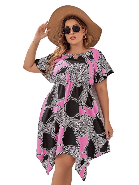 

plus leopard & chain print hanky hem chiffon dress z5nw#, Black