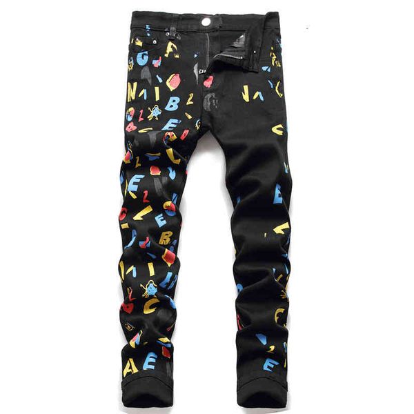 

men's jeans am european black men's jeans paint printing multicolor elastic trend fashion versatile pants 3116 nw8w, Blue