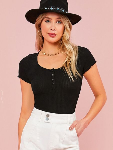 

button front rib-knit tee i6qs#, White