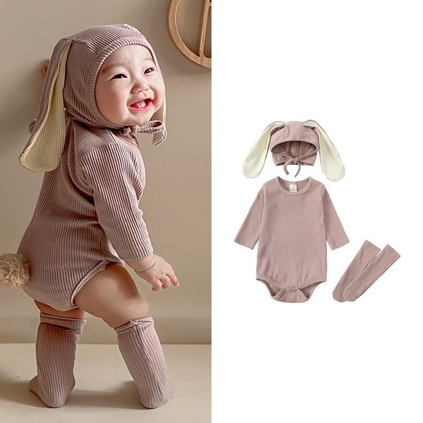 3pcs/set tavşan şekilli bebek giysileri şapka çorapları bahar sonbahar uzun kollu yeni doğan romper tavşan kulak beanie pamuk kız çocuk bodysuit
