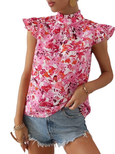 

allover floral print frilled neck tie back flutter sleeve blouse y1o6#, White