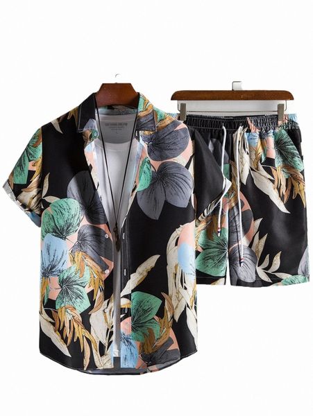 

men random leaf print shirt & drawstring waist shorts without tee k2cv#, Gray