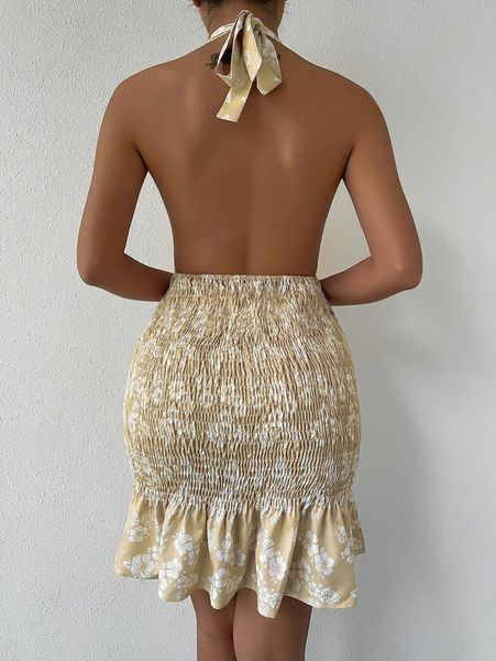 

random floral shirred ruffle hem open back dress o1mn#, Black;gray