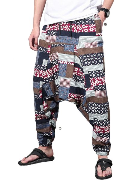 

men random floral print drawstring waist drop crotch pants a3fq#, Black