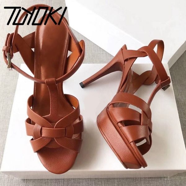 Tuyoki verão nova sandálias de couro de verdade Mulheres salto 14 cm Sapatos de moda Moda Clube Mulheres calçadas Tamanho 3441 210226