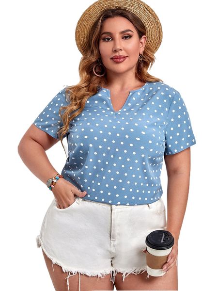 

plus polka dot notched neck blouse h8fp#, Black