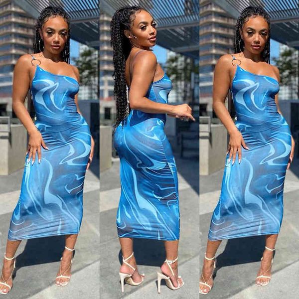 

m2067 women's new summer printed one shoulder blue dress, White