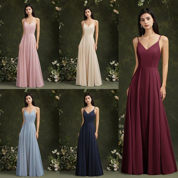 

lace chiffon bridesmaid dresses a line v-neck summer bohemian beach wedding guest maid of honor gowns spaghetti strap formal evening prom we, White;pink