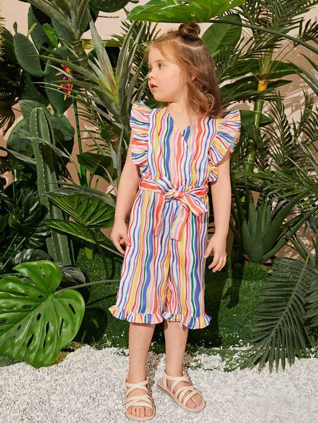 

toddler girls striped butterfly sleeve belted romper she, Blue
