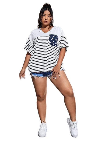 

plus striped print contrast star pocket drop shoulder tee l6en#, Black