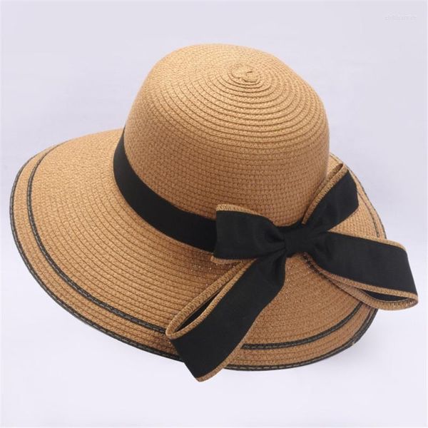 Chapéus largos de abrangência Summer Sun Hat Big Black Bow para mulheres Praia dobrável Panamá viseira UV Protect Travel Cap 2022 Elob22