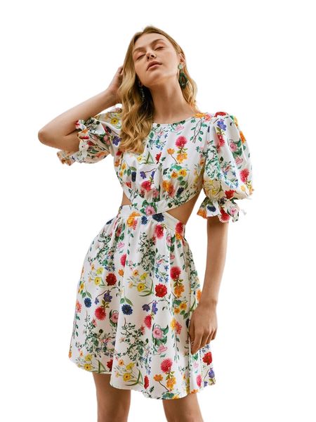 

floral print cut out puff sleeve tie backless dress s3uk#, Black;gray