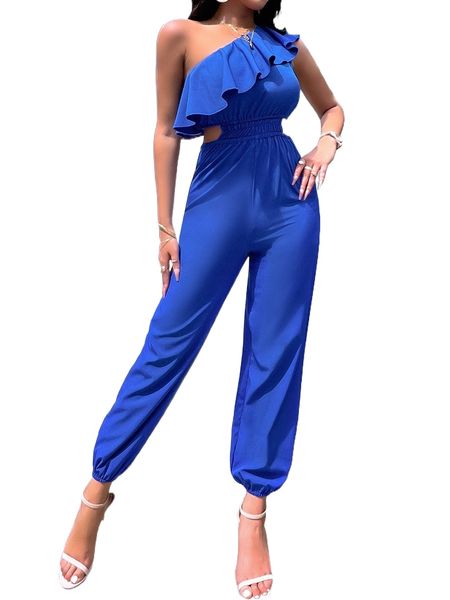 

one shoulder ruffle trim cut out waist jumpsuit 29pj#, Black;white