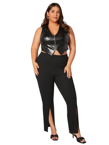 

plus zip up pu leather vest jacket 65ah#, Black