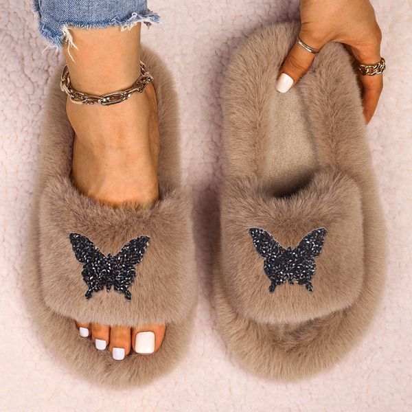 

fuzzy slides flip flops slippers designer rhinestone butterfly flat sandals winter faux fur slippers female furry shoes new 2022, Black