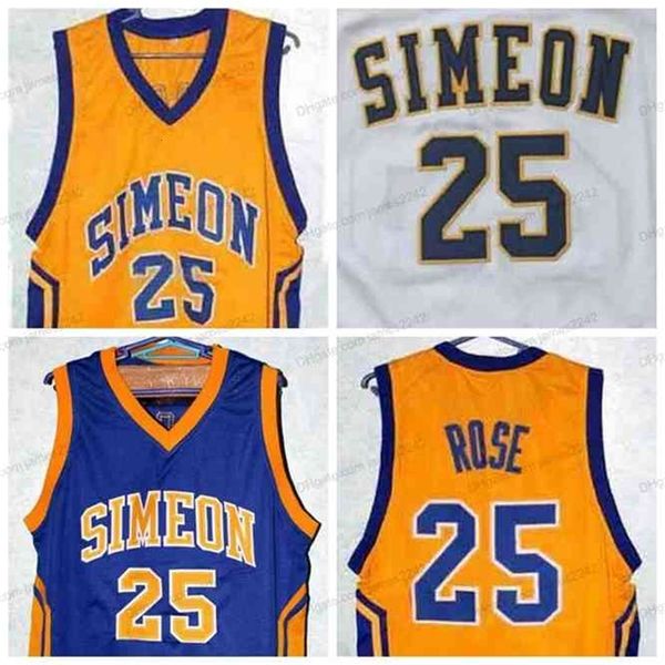 Nikivip Custom Retro Derrick # Rose Simeon High School Basketball Jersey Uomo cucito bianco giallo blu Numero e nome maglie
