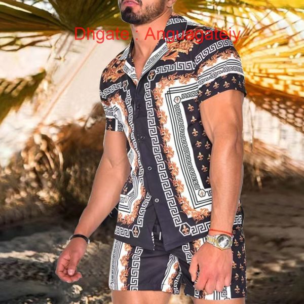 

casual men's fashion shirts tracksuit hawaiian sets t-shirts printing luxury summer swim short sleeve button men shirt suit vacation be, White;black