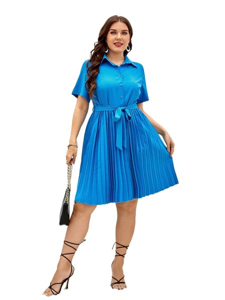 

plus pleated hem belted shirt dress w9at#, Black