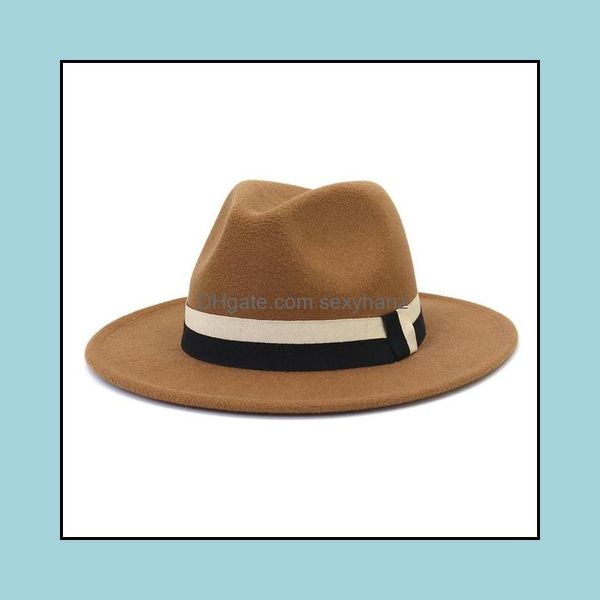 Hüte mit breiter Krempe, Mützen, Hüte, Schals, Handschuhe, Modeaccessoires, Filz-Fedora mit Bandband, Winter, für Männer und Frauen, elegantes Kleid, formelle Panama J