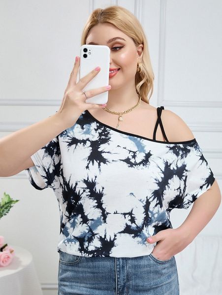 

plus tie dye asymmetric neck tee d8en#, Black