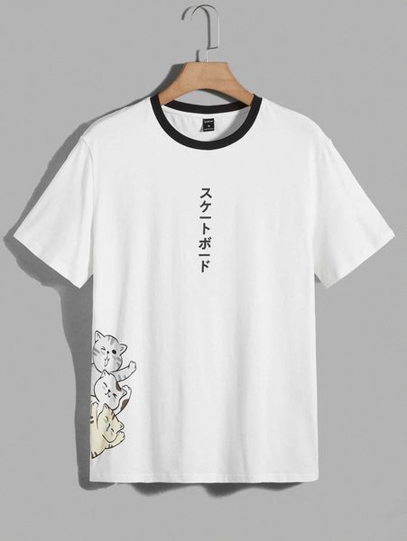 

men cartoon & japanese letter graphic contrast trim tee k0dm#, White;black