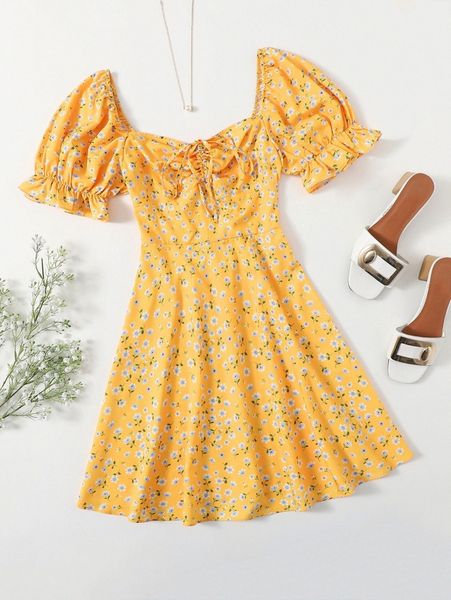 

puff sleeve ruched front ditsy floral dress a7kd#, Black;gray