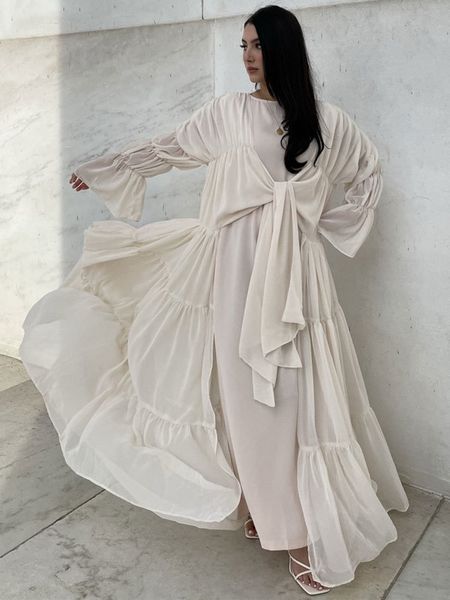 Ramadan Wrap Vorne Offen Abaya Frauen Chiffon Plissee Rüschen Muslimischen Kimono Hijab Langes Kleid Islam Dubai Arabischen Modest Outfit kaftan