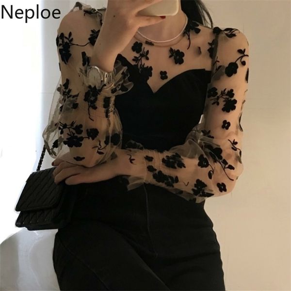 

neploe korean women blouses woman clothes shirt patchwork floral vintage see through blouse summer blusas mujer de moda 210326, White