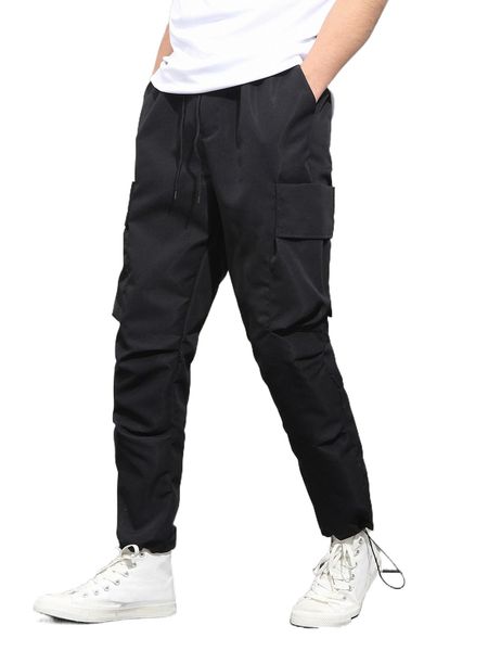 

men flap pocket drawstring waist cargo pants o5b3#, Black