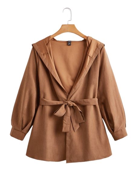 

waist belted solid hoodie coat a609#, Black