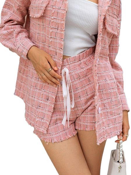 

simplee plaid pattern tie front raw cut frilled waist shorts m36v#, White;black
