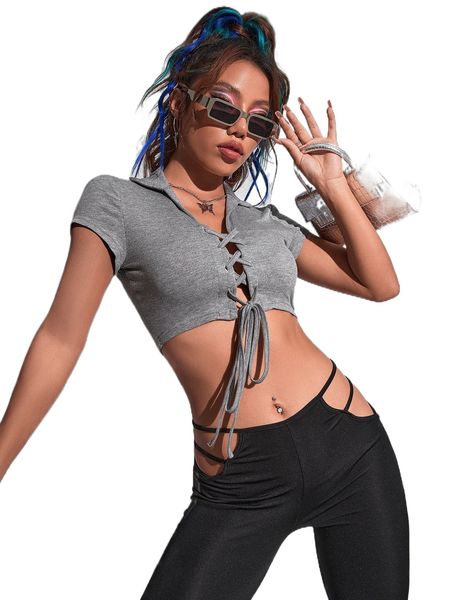 

solid lace up crop tee 91q0#, White