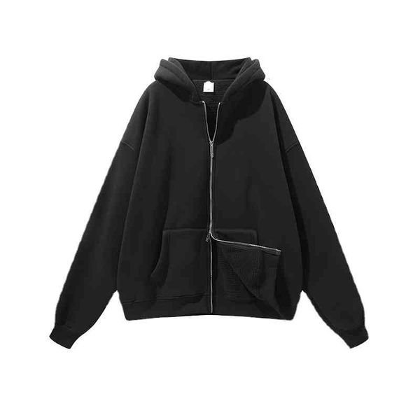 

men's new autumn and winter double-headed pin zipper non-inverted velvet hooded sweater street trends hoodie 3370, Black
