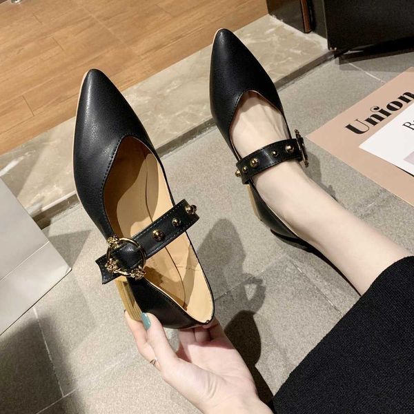 

classic luxury paris fashion spring new style women mary janes shoes pointed toe low heels dress rivets pumps office zapatos mujer designer, Black