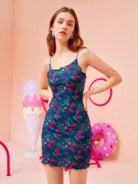 

x ploypisut floral print lettuce trim bodycon dress v0vt#, Black;gray