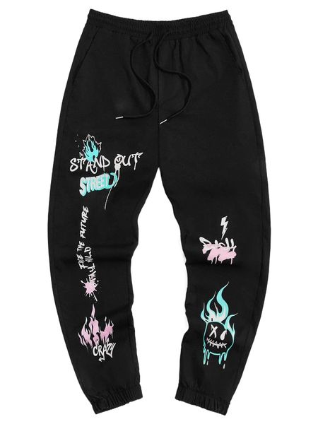 

men slogan & expression print drawstring waist pants t3hp#, Black