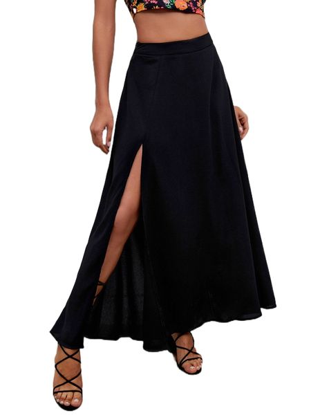 

high waist split thigh skirt z19e#, Black