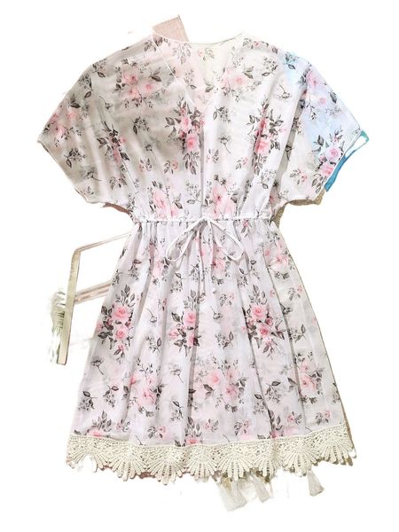 

random floral print contrast guipure lace tie front cover up p4u9#, White;black