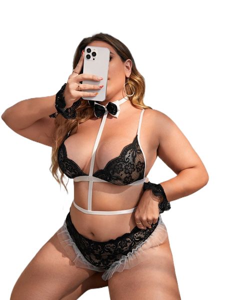 

plus 3pack floral lace scallop trim bunny costume set l7ao#, Black;white