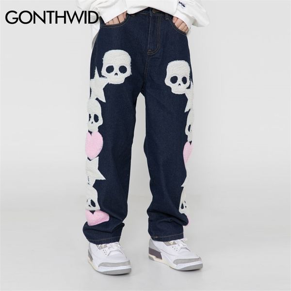 

mens jeans hip hop pants streetwear vintage embroidered skull star b 220823, Blue